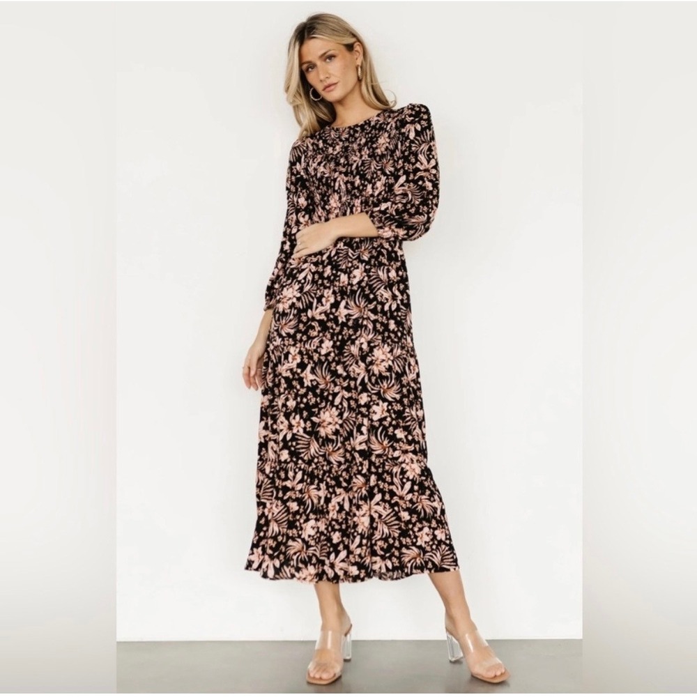 Baltic Born Womens 2XL Black Pink Floral Smocked Tiered Maxi Dress PSD4038